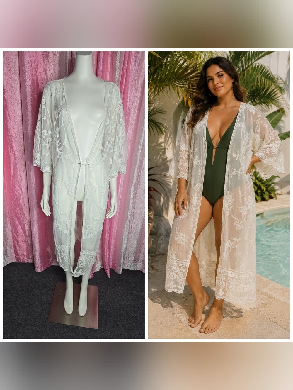 Mi Ami White Floral Lace Open Beach Kimono Robe Boho Coverup Size Large